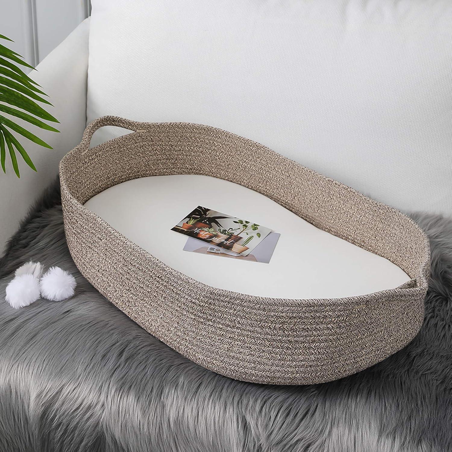 Baby Changing Basket - Moses Basket Changing Table Topper and Thick Foam Pad with Removable Cotton Mattress Cover, 100% Cotton Boho Nursery Decor in Coffee Color with Storage Bag