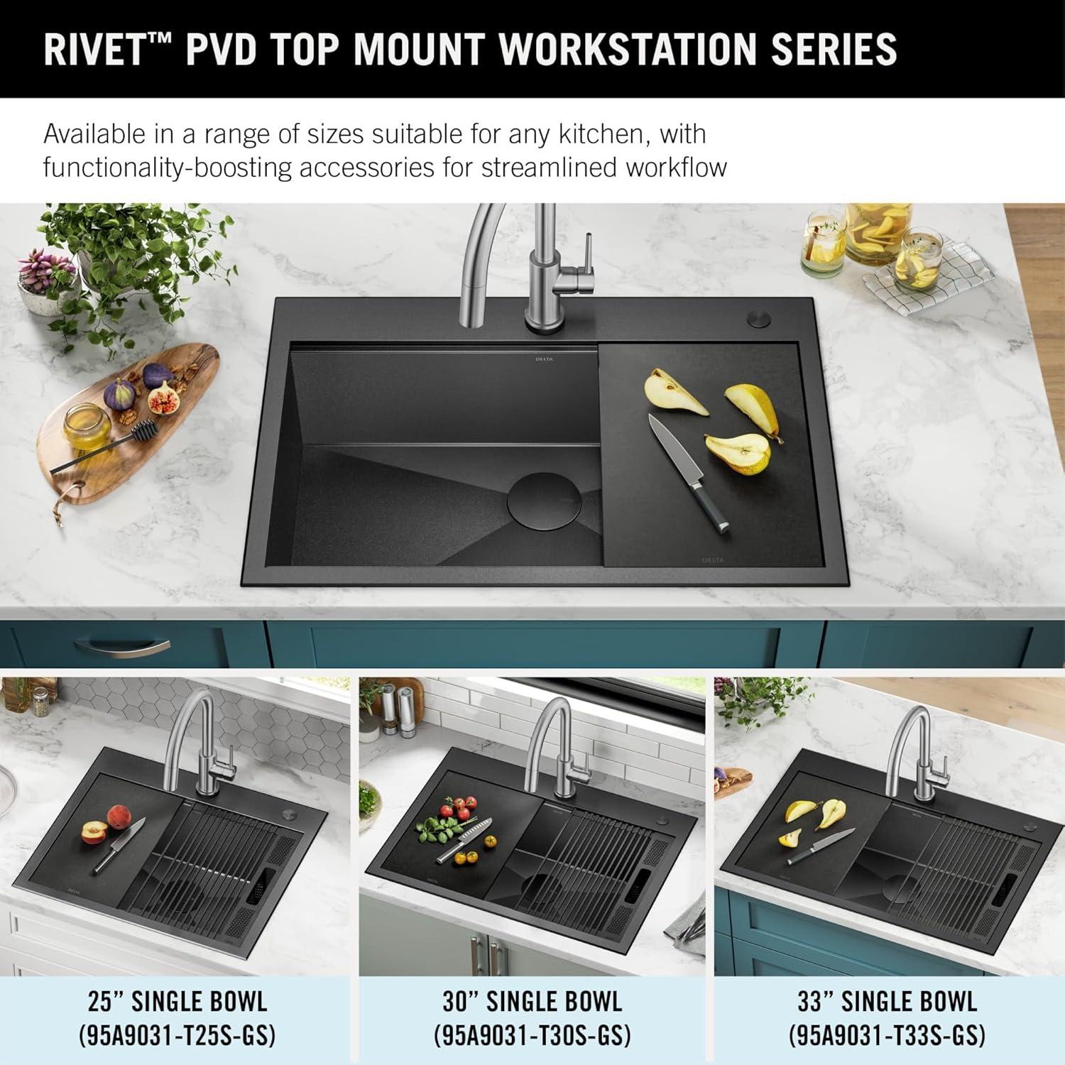 Delta Rivet™ Black Stainless Steel Drop-In Top Mount 16 Gauge Workstation Kitchen Sink Single Bowl