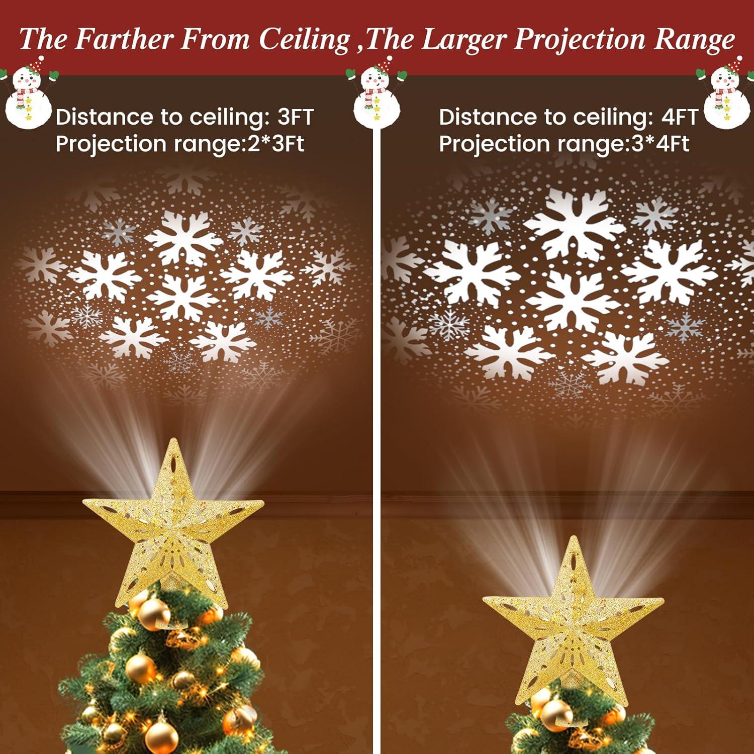 HOUFIY Christmas Tree Topper Lighted with 6 Projection Modes Star Tree Topper Built-in LED Rotating 3D Lighted Glitter Star Decorations Projector Tree Topper for Christmas Tree