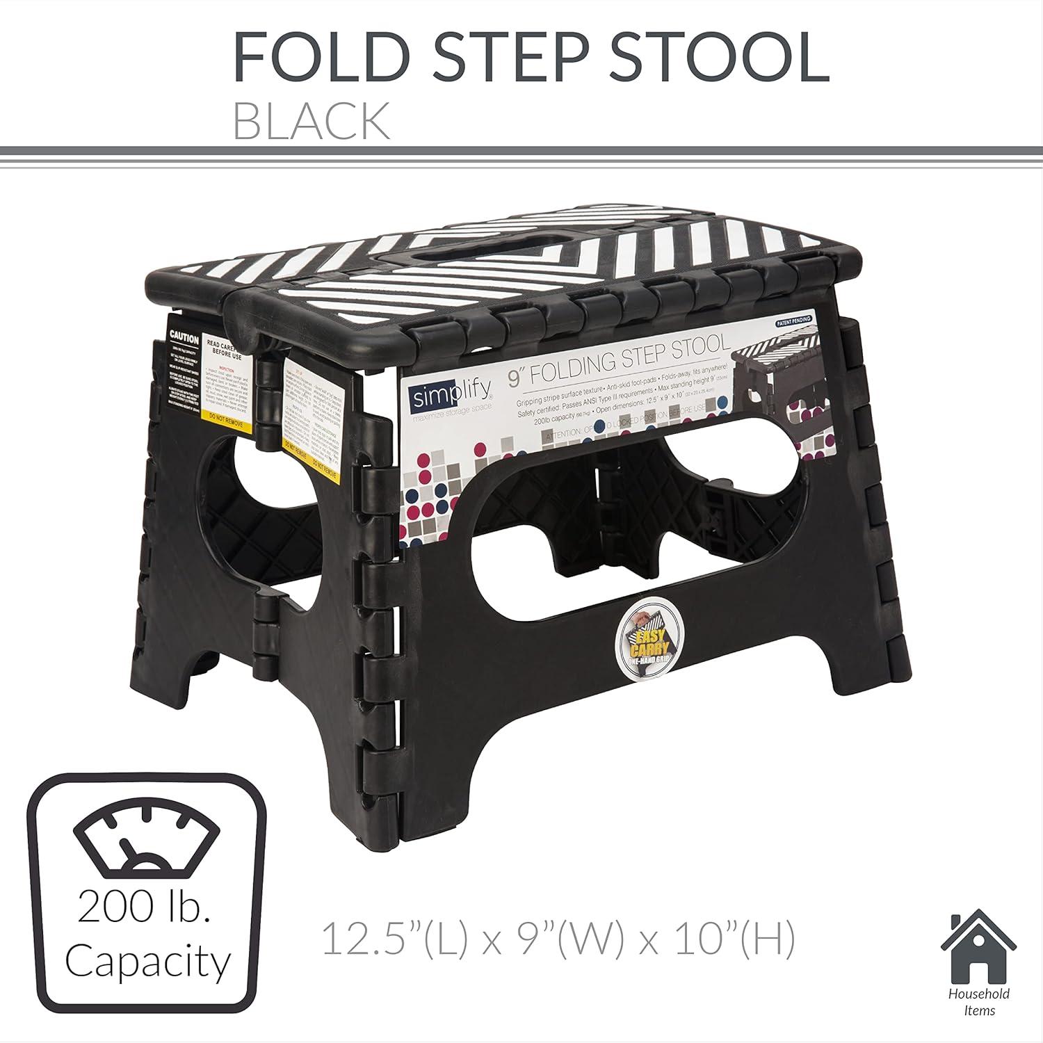 Simplify Plastic 9" Stripe Top 1 Step Folding Step Stool, Black