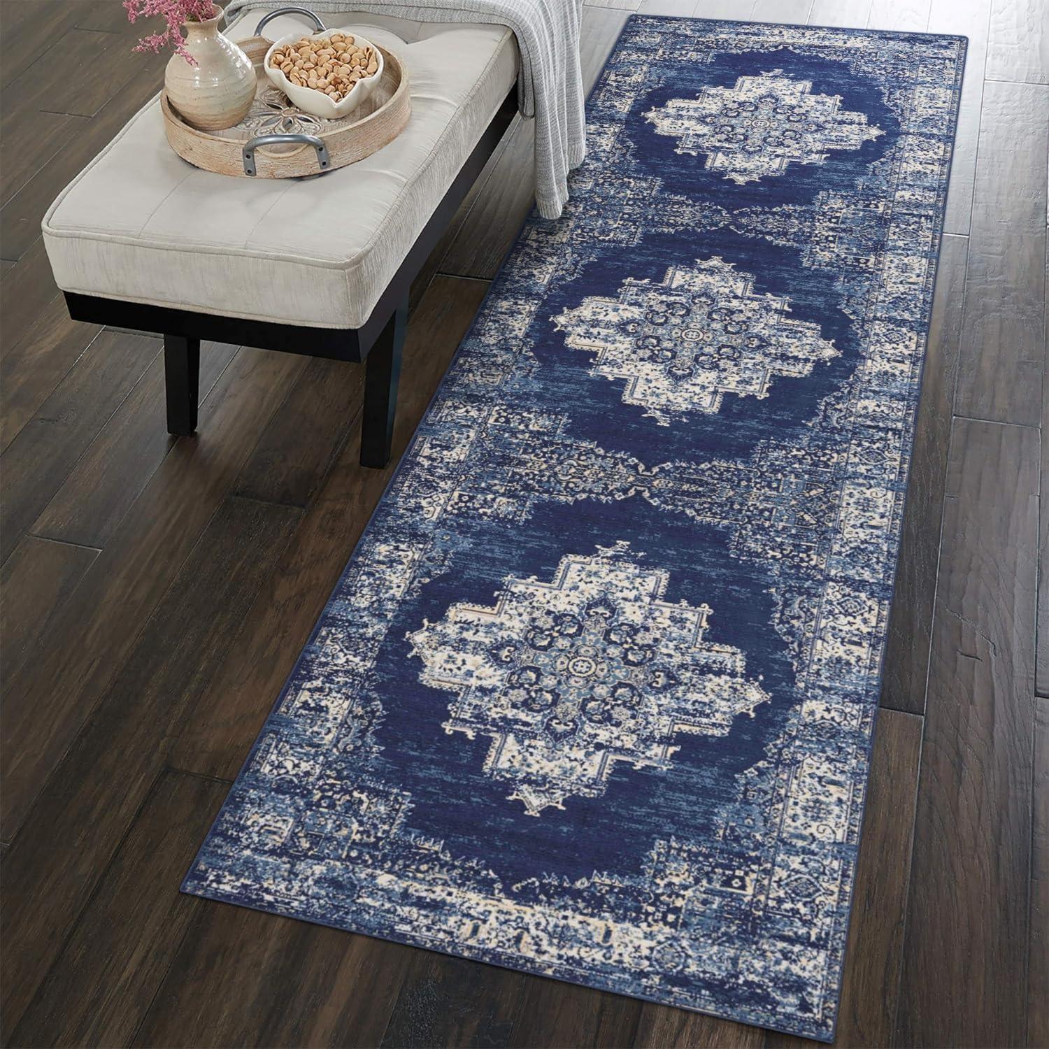 Hasoo 2' x 8' Kitchen Runner Rug Traditional Oriental Floral Print Rug Bedroom Kitchen Bathroom Laundry Rug, Blue