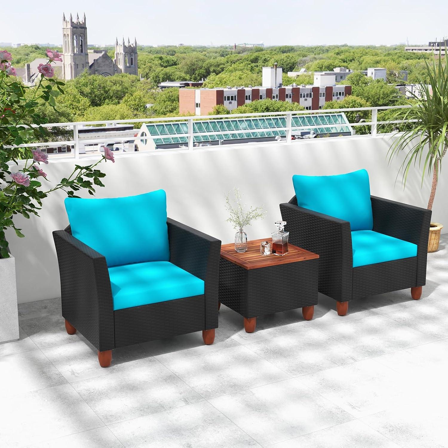 Tangkula 3PCS Patio Rattan Conversation Set Outdoor Furniture Set w/ Turquoise Cushions