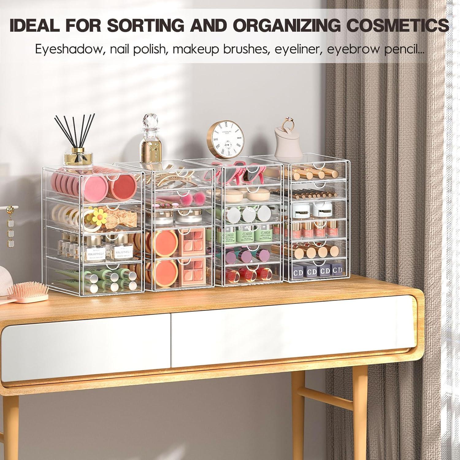 Rebrilliant Acrylic Drawer Organizers - 21 Drawers 4 Set - Clear Storage Drawers For Office Supplies - Stackable Makeup Organizer - Dustproof Desk Organizers For Makeup, Jewelry, Pen, Stationary