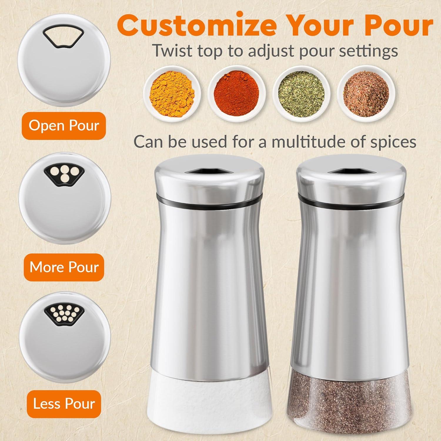 Home EC Salt and Pepper Shakers Set with Adjustable Pour Holes - Made of Elegant Stainless Steel and BPA Free Glass