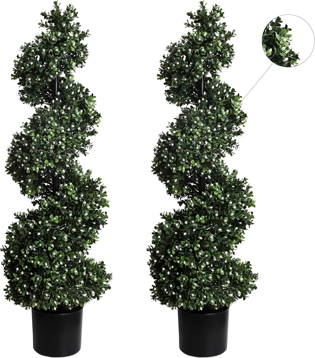 DSstyles 35 Inch Artificial Boxwood Topiary Outdoor Set of 2, Faux Plant Spiral Tree in Pot, All-Year Green Fake Plant for Indoor Front Door Porch Garden Decor