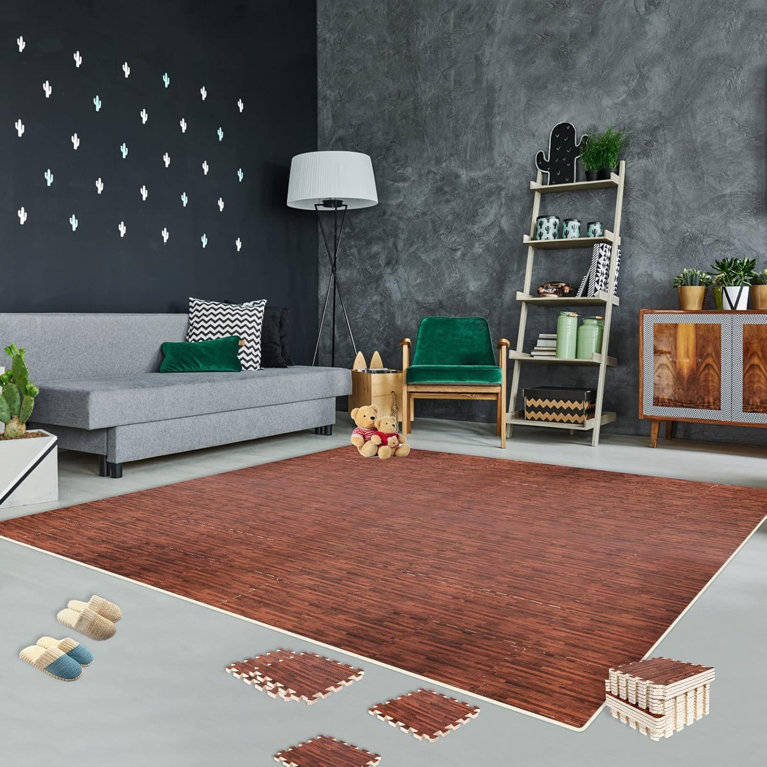 16pcs Interlocking Printed Wood Grain EVA Foam Mats Protective Floor Tiles Exercise Play Mat for Kids Room Parlor Bedroom Home 11.8" x 11.8" (Wood Grain Yellow)