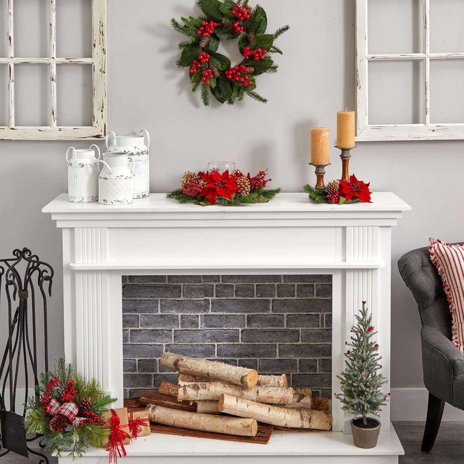 Nearly Natural Poinsettia, Berry and Golden Pine Cone Candelabrum Artificial Flower Arrangement