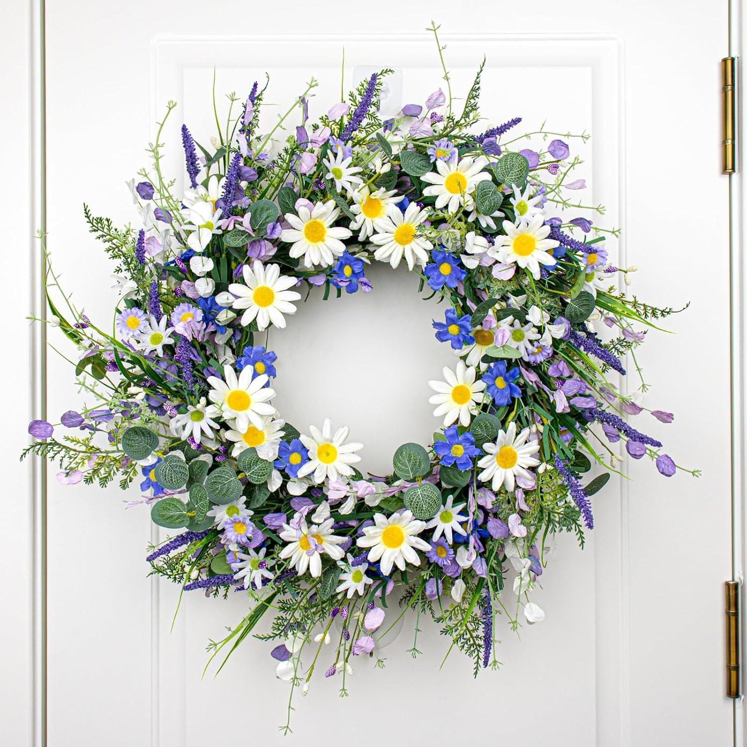 22 Inches Spring Wreaths for Front Door Blue Spring Door Wreath Summer Floral Wreath with Wildflower Lanvender for Wall Porch Indoors Outdoor Window Home Decorations