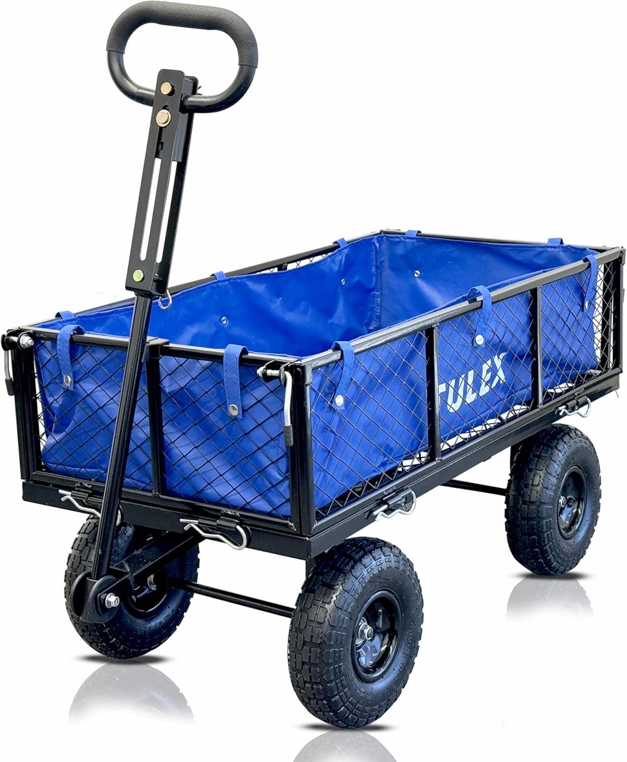 TULEX Heavy Duty 660 lbs Black Steel Garden Cart with Blue Liner