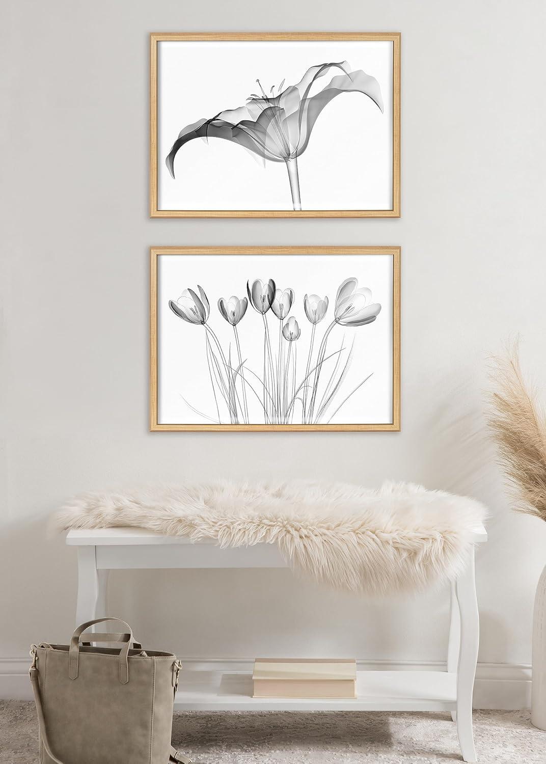 Kate and Laurel Blake Crocus X Ray Floral BW Framed Printed Glass Wall Art by The Creative Bunch Studio, 18x24 Natural, Decorative Modern Flower Art Print for Wall