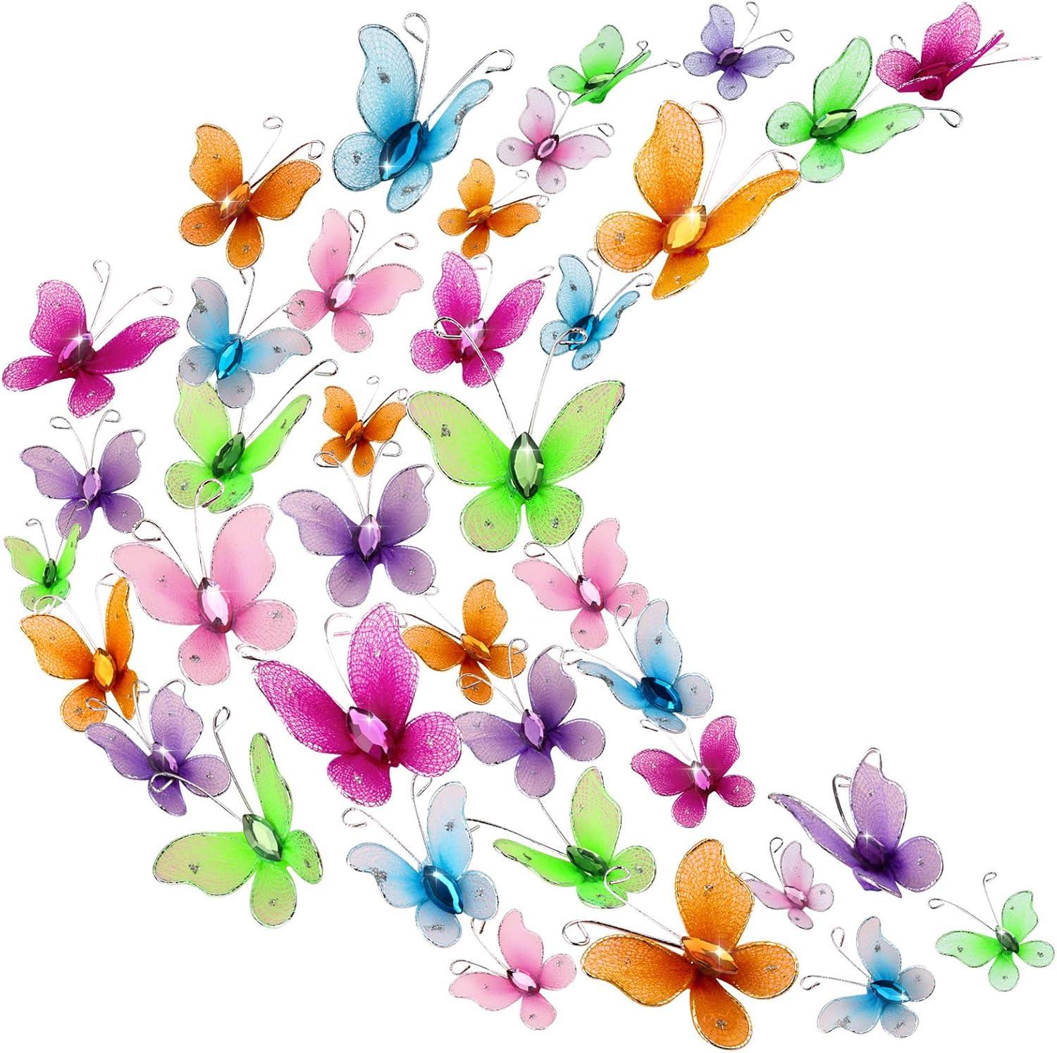 Zonon 60 Pcs Small Butterflies for Crafts Organza Butterflies Pack Sheer Mesh Wire Glitter Butterfly Nylon Colorful Butterfly with Gem for DIY Wedding Birthday Party Decoration, 2 Sizes(Vivid Color)