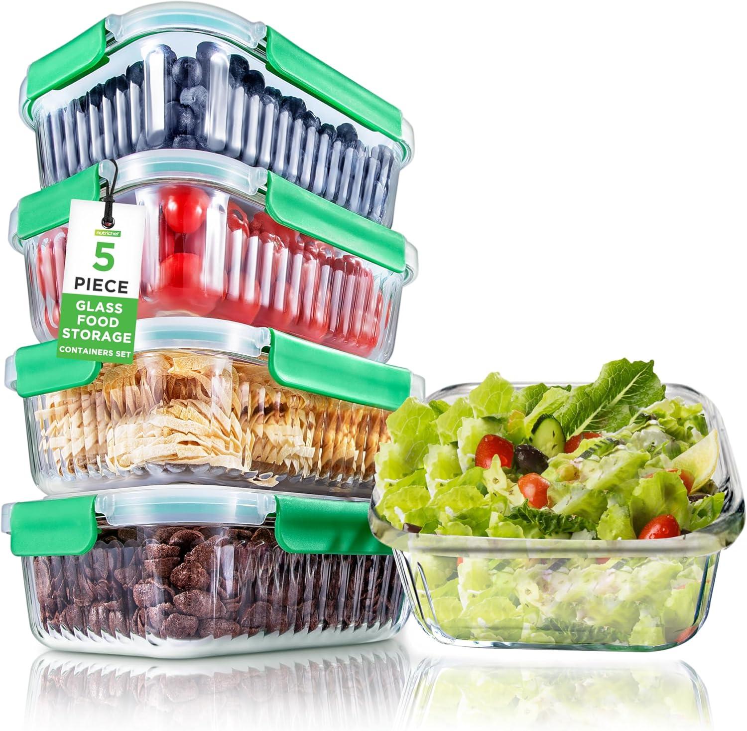 NutriChef 5-Piece Superior Glass Food Storage Containers Set - Stackable Design, Newly BPA-free Airtight Locking lids with Wave Design