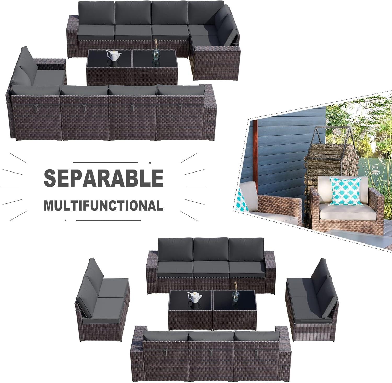 12-Piece Brown Steel Wicker Outdoor Sectional Set with Grey Cushions