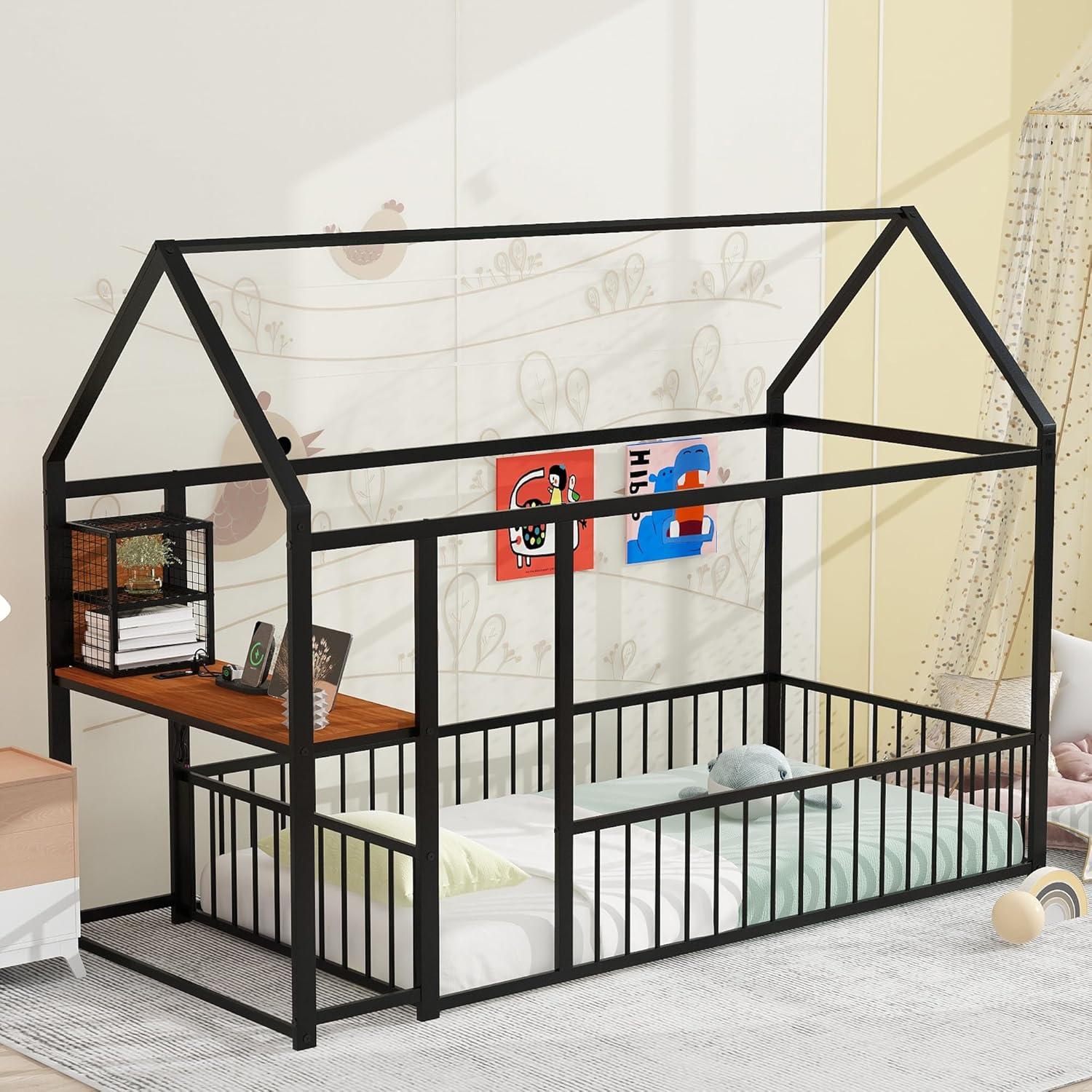 Full Floor Bed with Door and Fence, Metal Montessori Bed Full Size, Kids Montessori Floor Bed with Roof/House for Kids, Girls, Boys, White