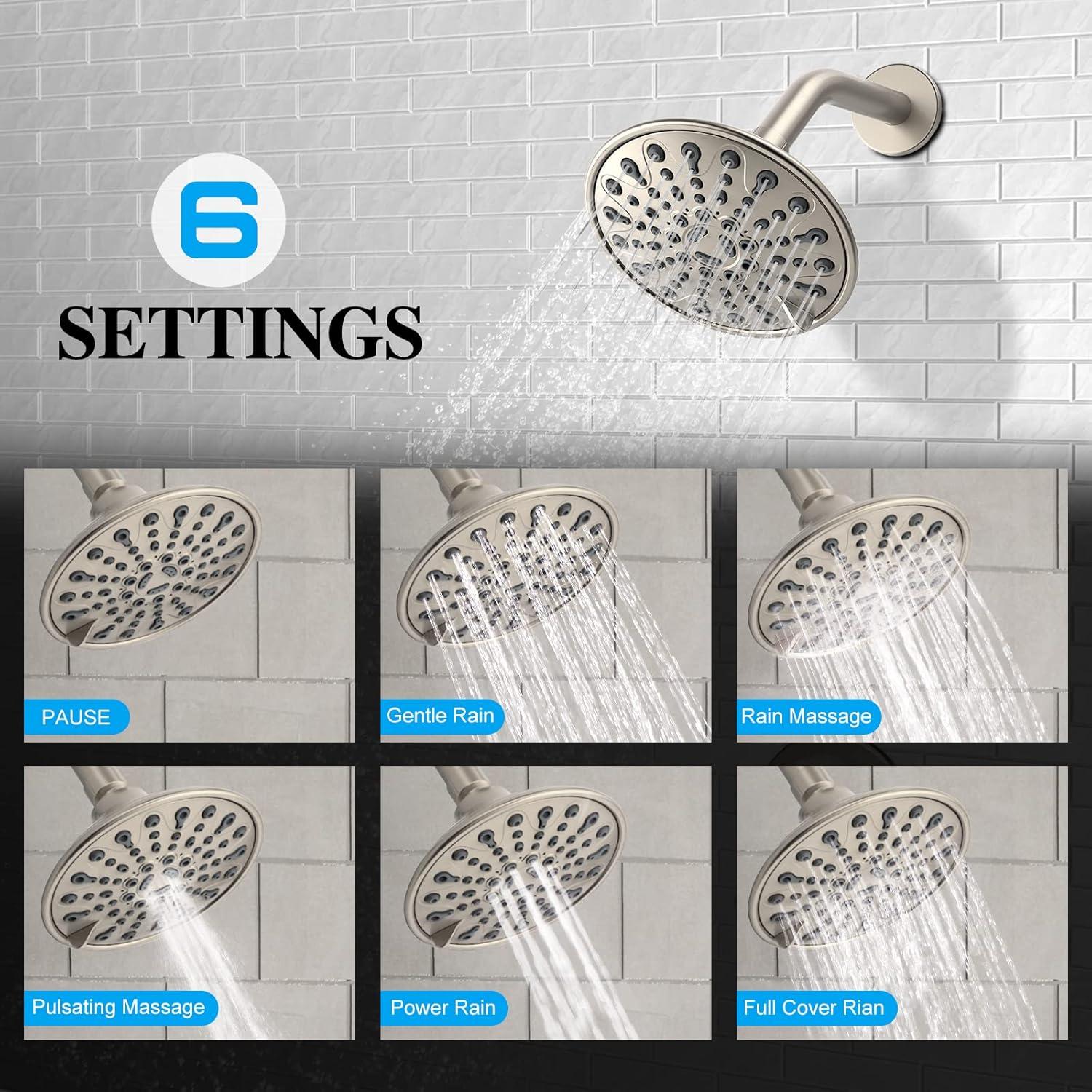 Brushed Nickel Shower Faucet Set, EMBATHER Shower Fixtures with 6 Inch Rainfall Shower Head, Single Handle Control Shower Valve and Trim Kit