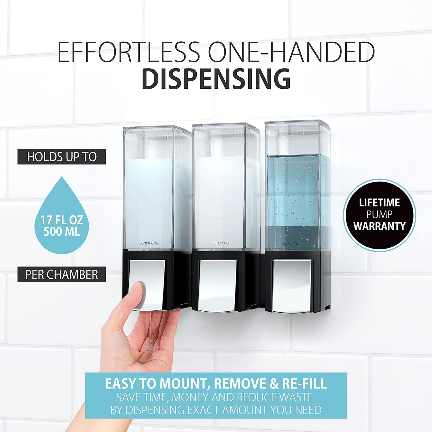 Better Living Products Clever Three Chamber Wall Mount Soap and Shower Dispenser Black/Chrome: Gel & Shampoo Storage, Easy Refill Design