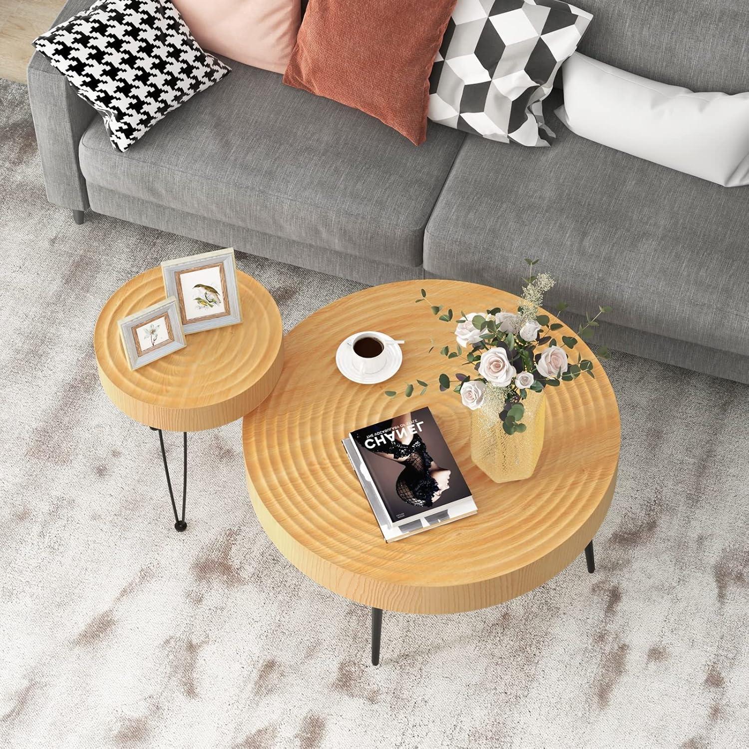 Round Natural Wood and Metal Nesting Coffee Table Set