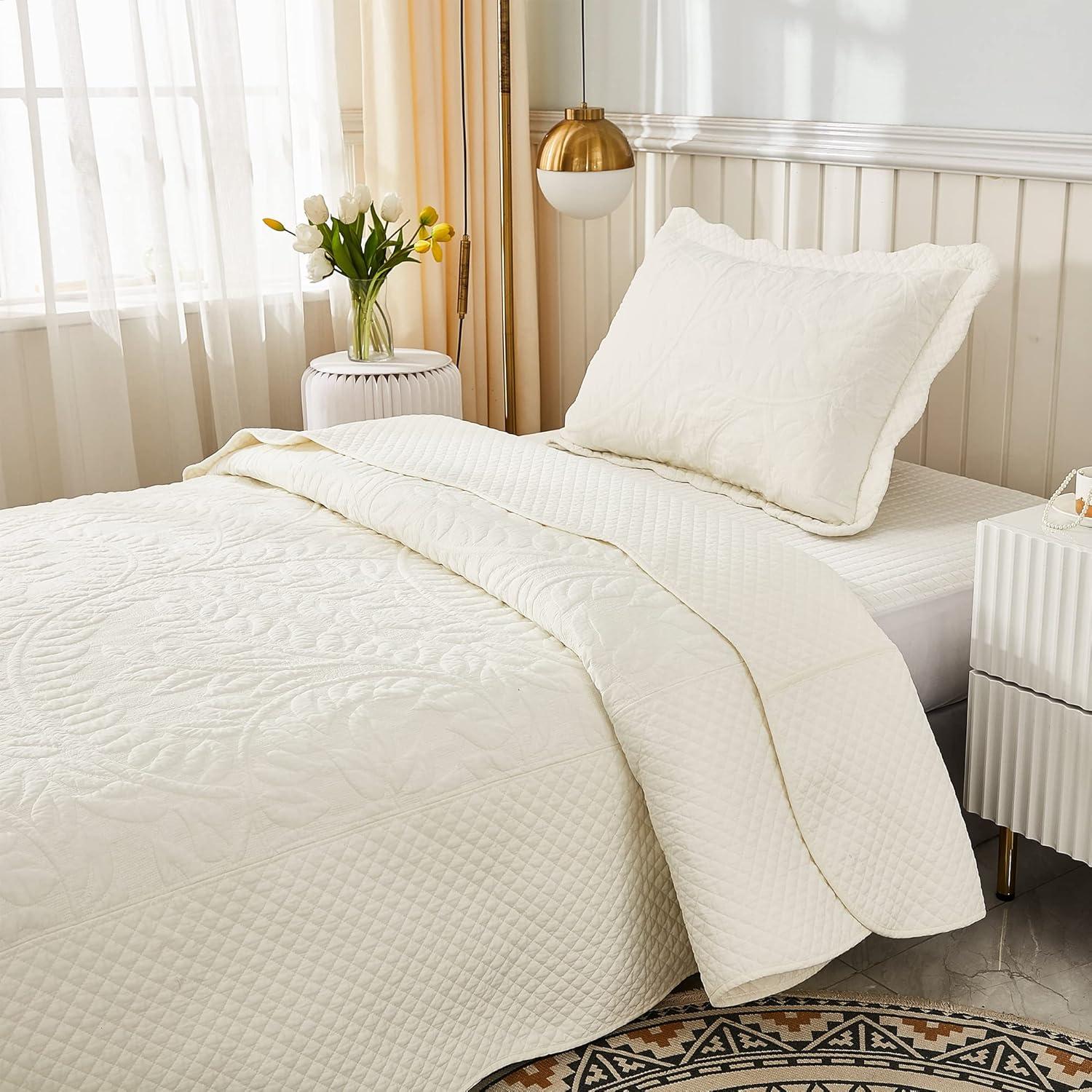 MarCielo  3 Piece Cotton Oversized Bedspread Quilt Set Tmonica Soft White - Twin