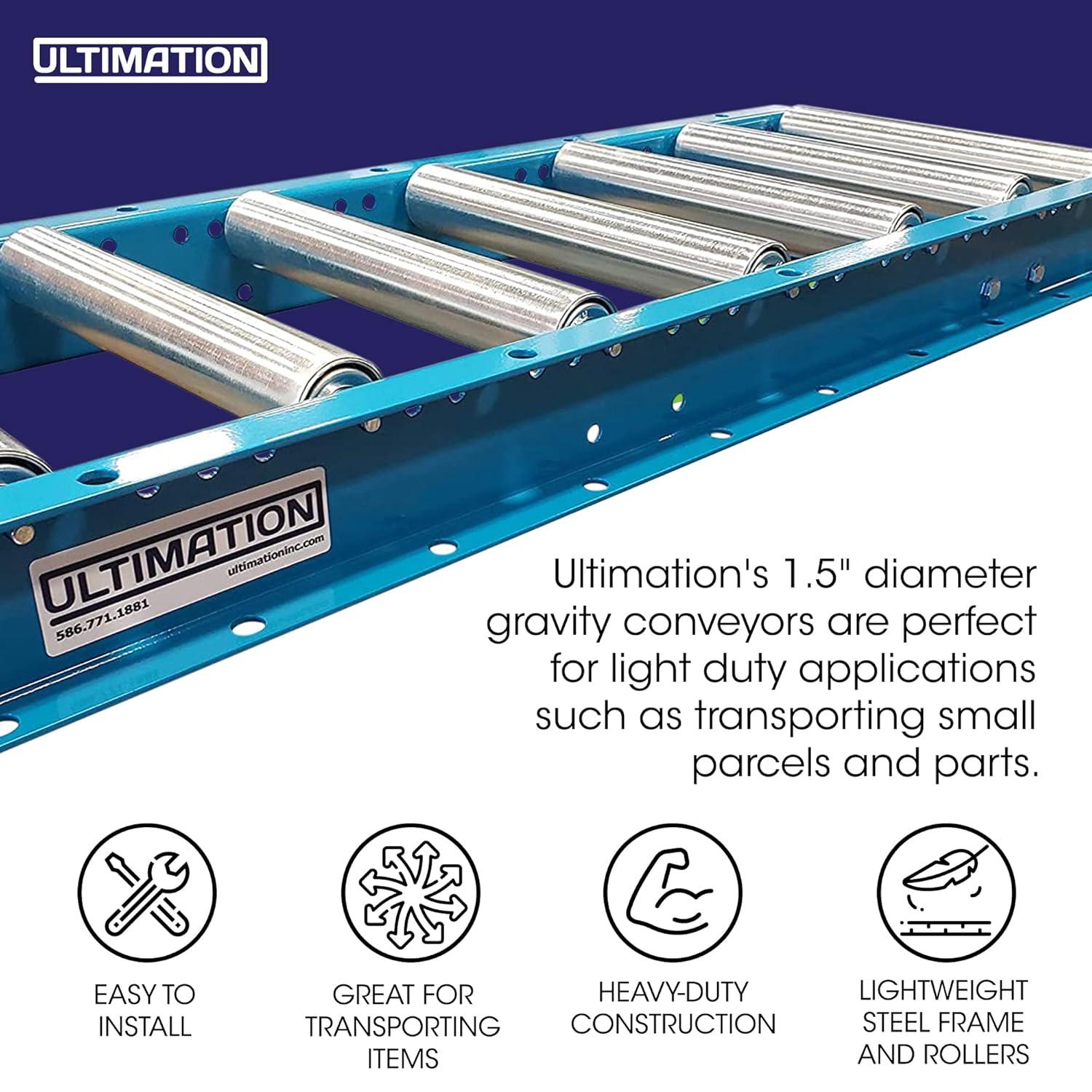 Light-Duty Gravity Conveyor with 1.5" Dia Galvanized Steel Rollers, 12" Wide, 5' Long Steel Frame on 6" Centers, Ideal for Distribution/Assembly Areas Such As Table, Ladder, Bed, Boat - Ultimation