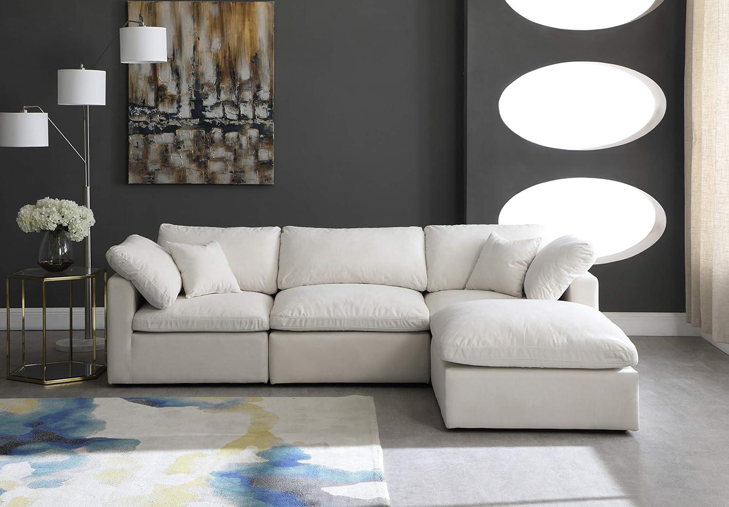 Meridian Furniture 602Cream-Sec4A Plush Collection Contemporary Down Filled Comfort Overstuffed Velvet Upholstered Modular L-Shaped Sectional 3-Seater and 1 Ottoman Cream