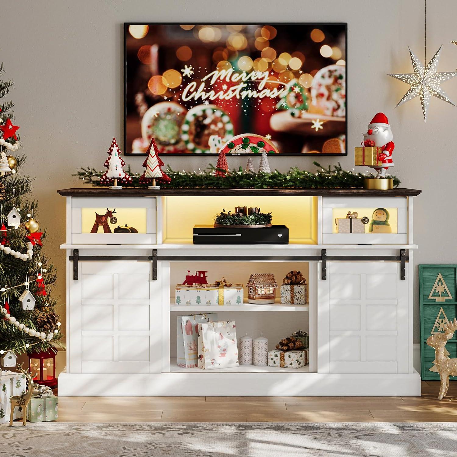 Farmhouse TV Stand W/LED Light, White TV Stand For 65 Inch Tvs, Entertainment Center TV Cabinet Stands With Flip Drawers, Sliding Barn Door TV Center Media Console Table For Living Room Bedroom