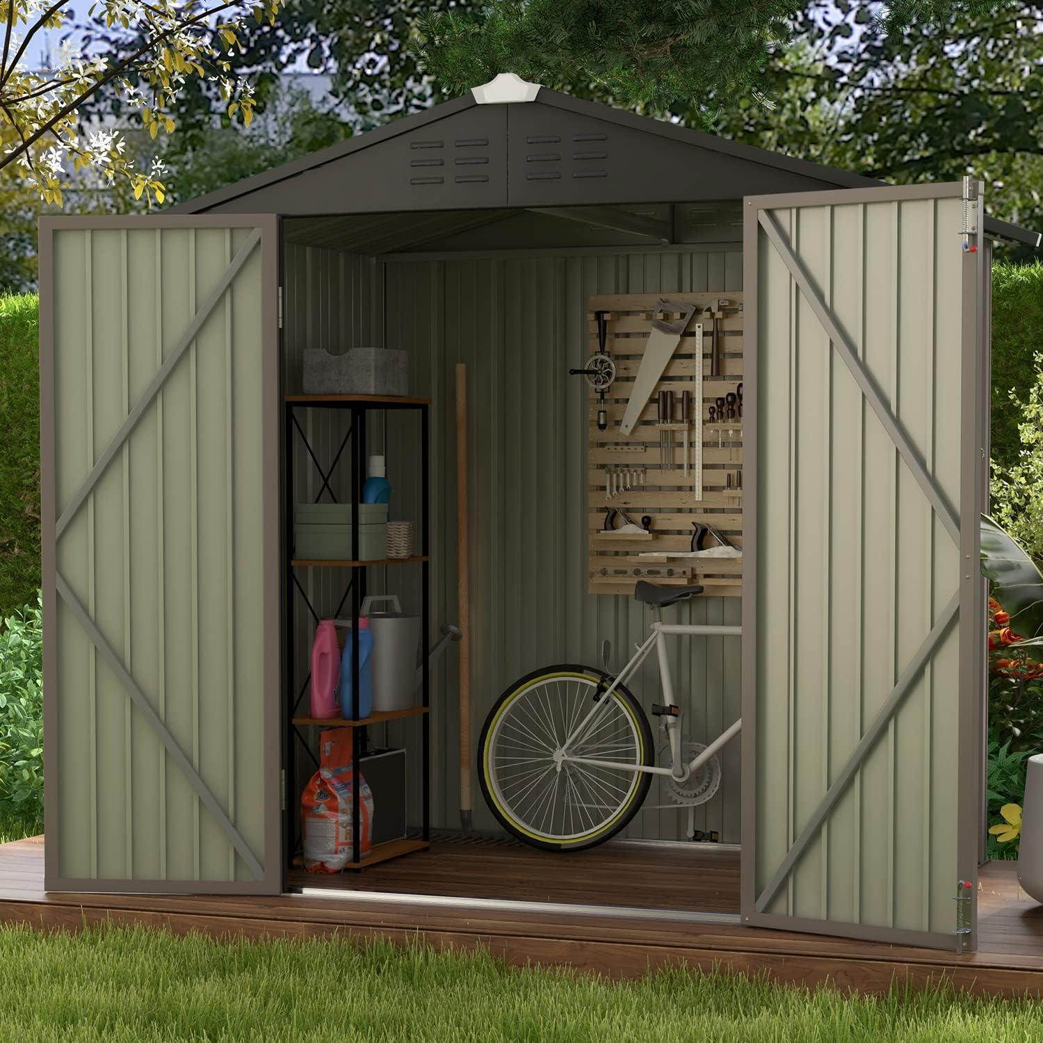 Brown and Black Metal 6x4 Outdoor Storage Shed with Double Doors