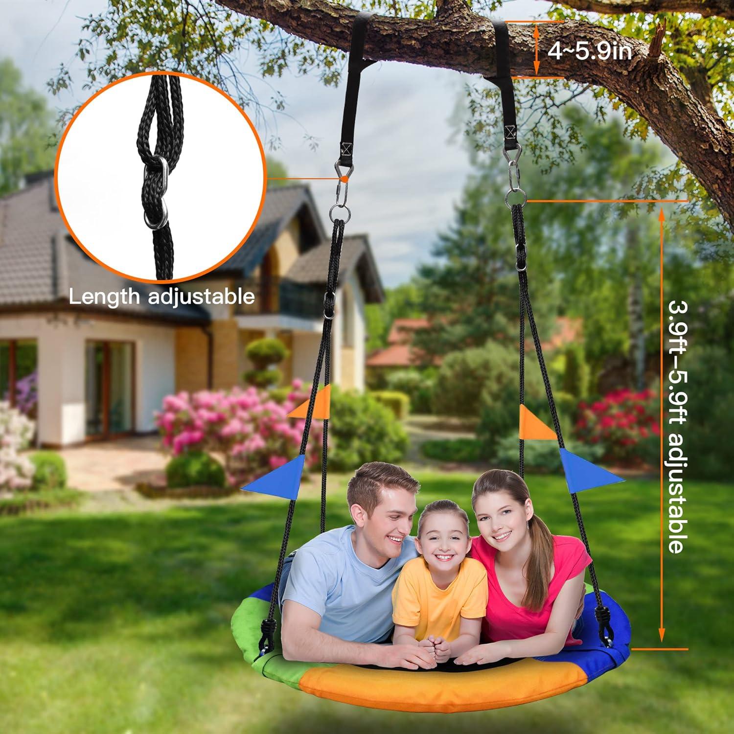 PACEARTH 40 Inch Saucer Tree Swing Flying 900lb Weight Capacity 2 Added Hanging Straps Adjustable Multi-Strand Ropes Colorful Safe and Durable Swing Seat for Children