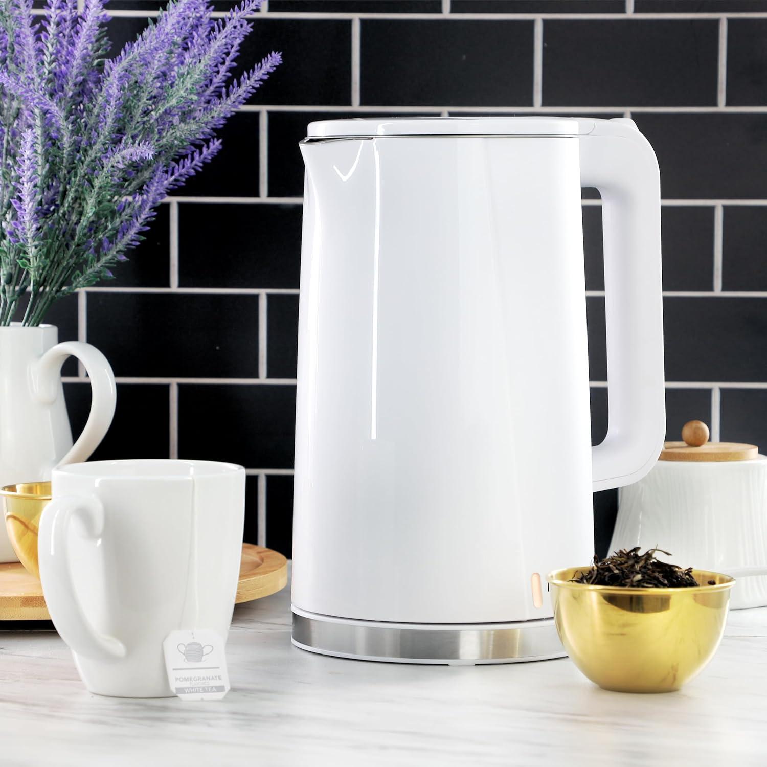 MegaChef 1.7L Double Wall Stainless Steel Electric Tea Kettle White: 90-Day Warranty, 1000W, Hand Wash, Plastic Handle