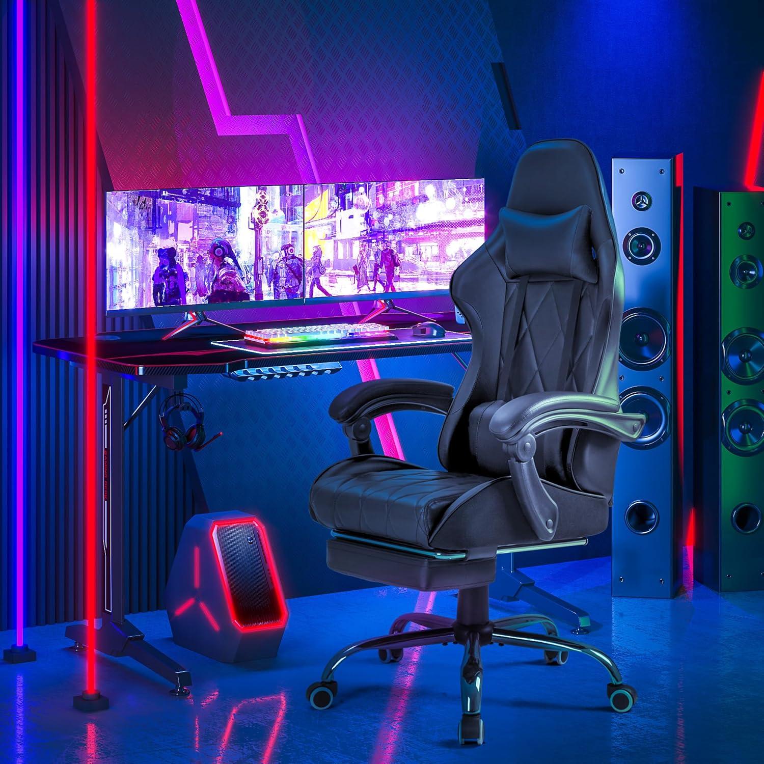 Black Ergonomic Gaming Chair with Footrest and Massage Lumbar Support