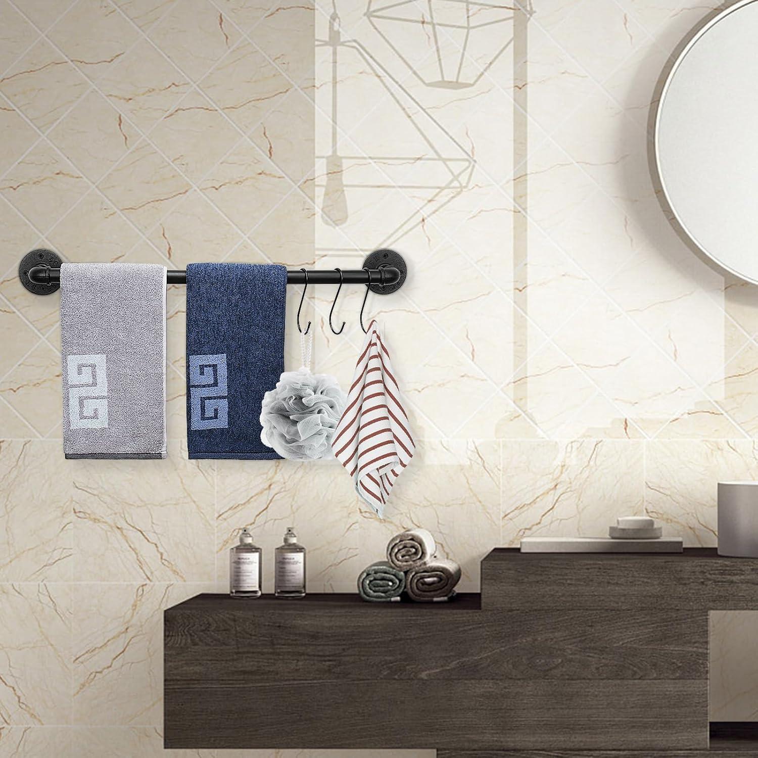 NearMoon Industrial Pipe Towel Bar, Heavy Duty Bathroom Hardware Towel Holder Accessory, Wall Mounted DIY Rustic Iron Bathroom Towel Rack Holder (24 Inch, Black)