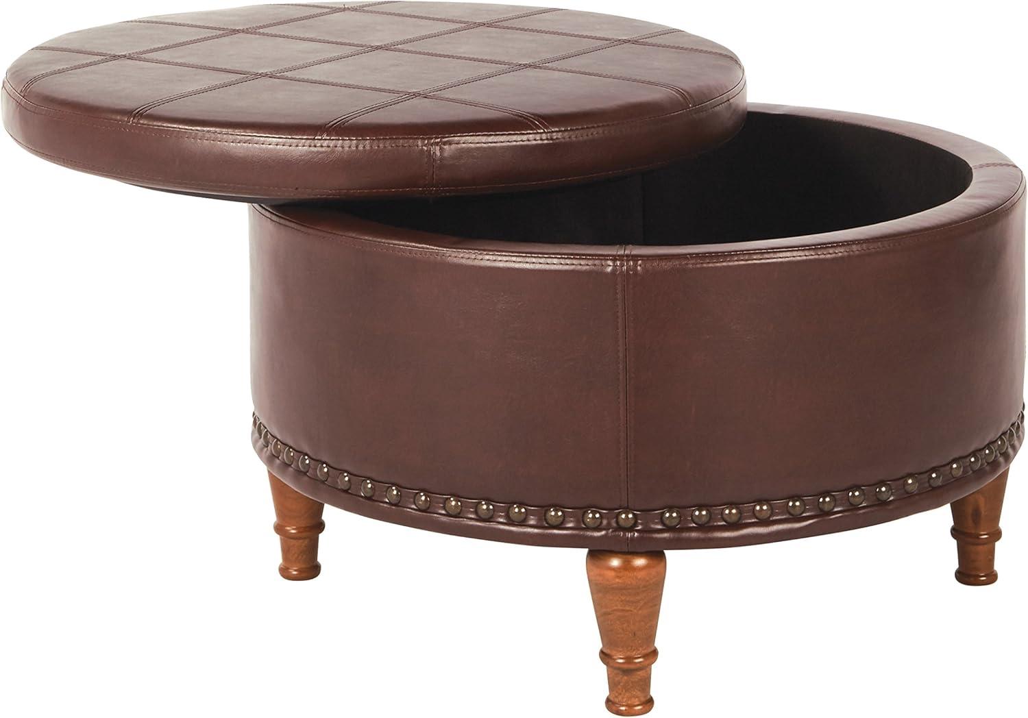 OSP Home Furnishings Alloway Storage Ottoman in Espresso Faux Leather with Antique Bronze Nailheads