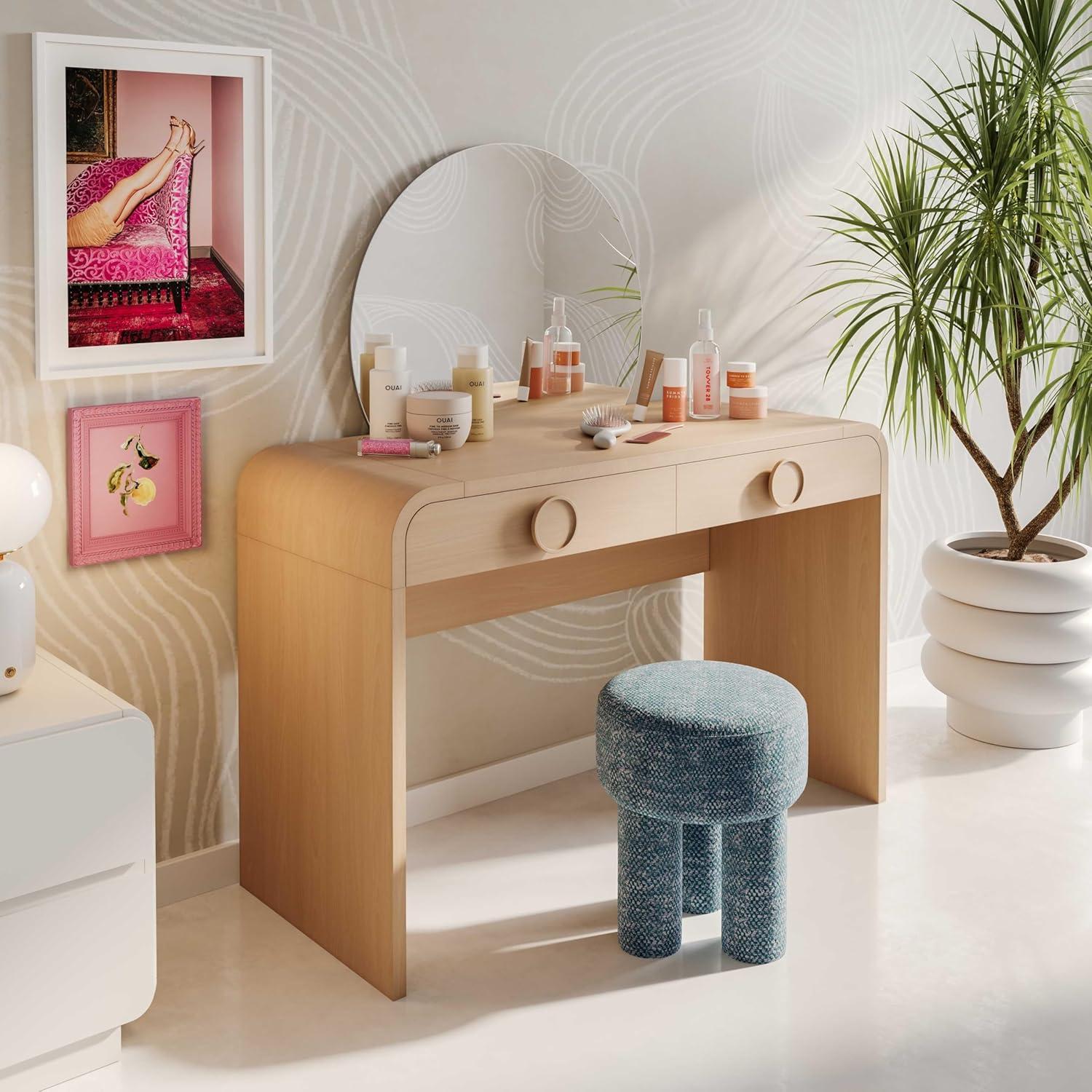 Moonrise Natural Ash 2-Drawer Vanity Desk with Removable Mirror