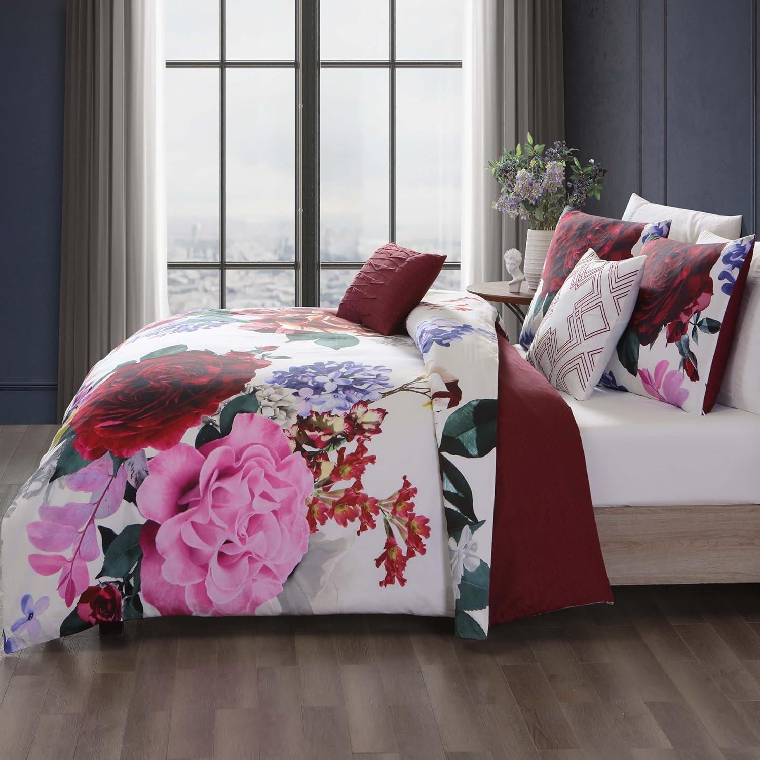 BeBeJan Bebejan Magenta Floral 100% Cotton Sateen 5 Piece Reversible Comforter Set