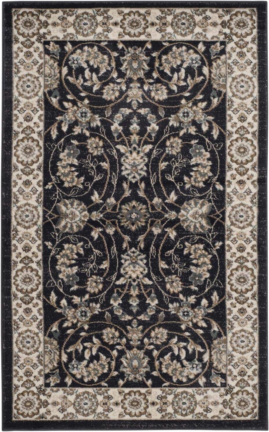 Anthracite and Cream Floral Border Rectangular Area Rug