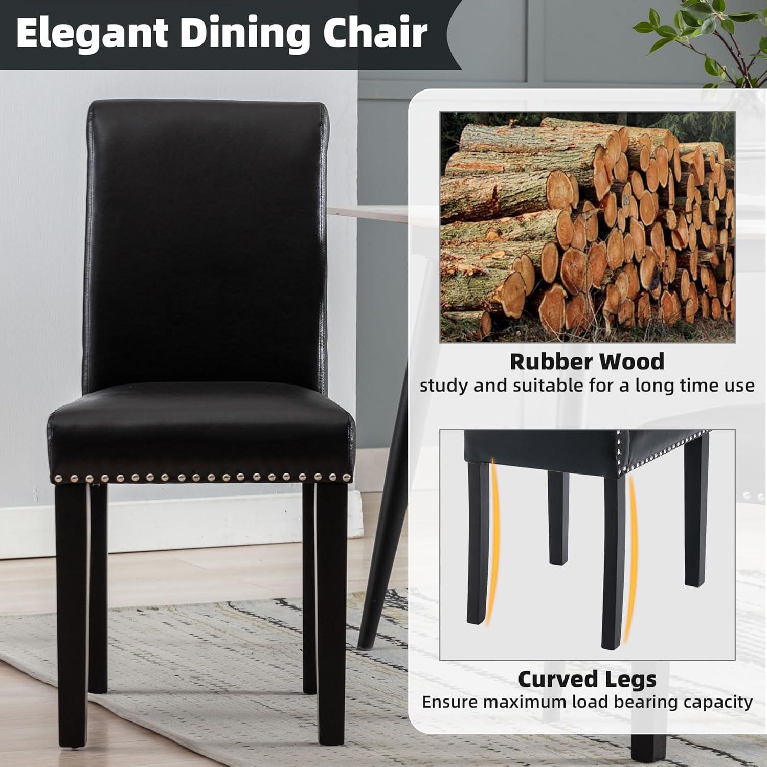 Colamy Black Upholstered Wood Legs Parsons Leather Dining Chairs with Nail head Trim Set of 2 for Dining Room
