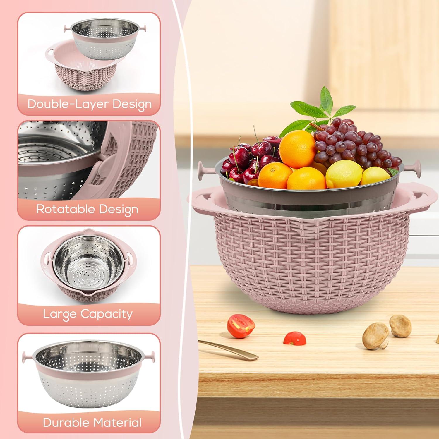 Pink 4-in-1 Stainless Steel Colander with Plastic Mixing Bowl Set