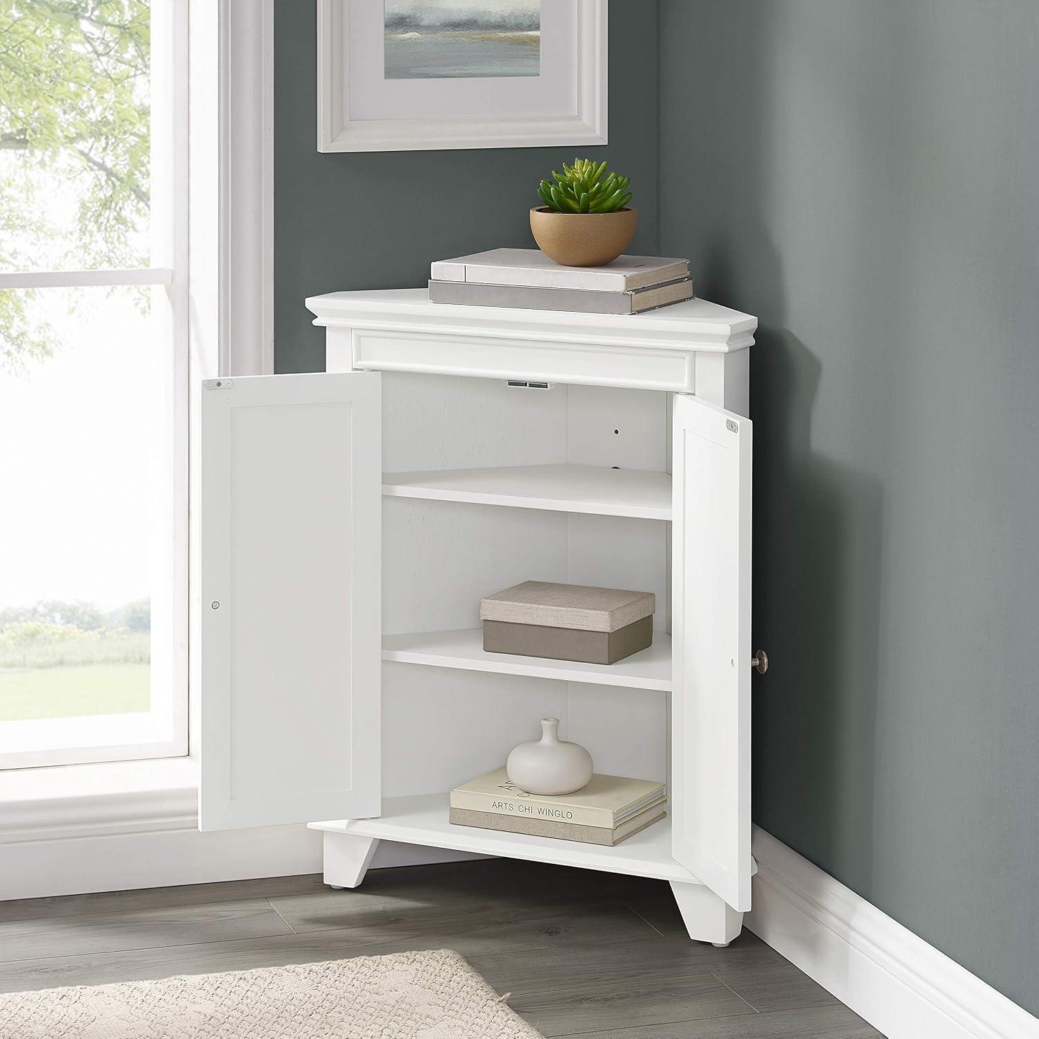 White Wooden Corner Bathroom Cabinet with Adjustable Shelves