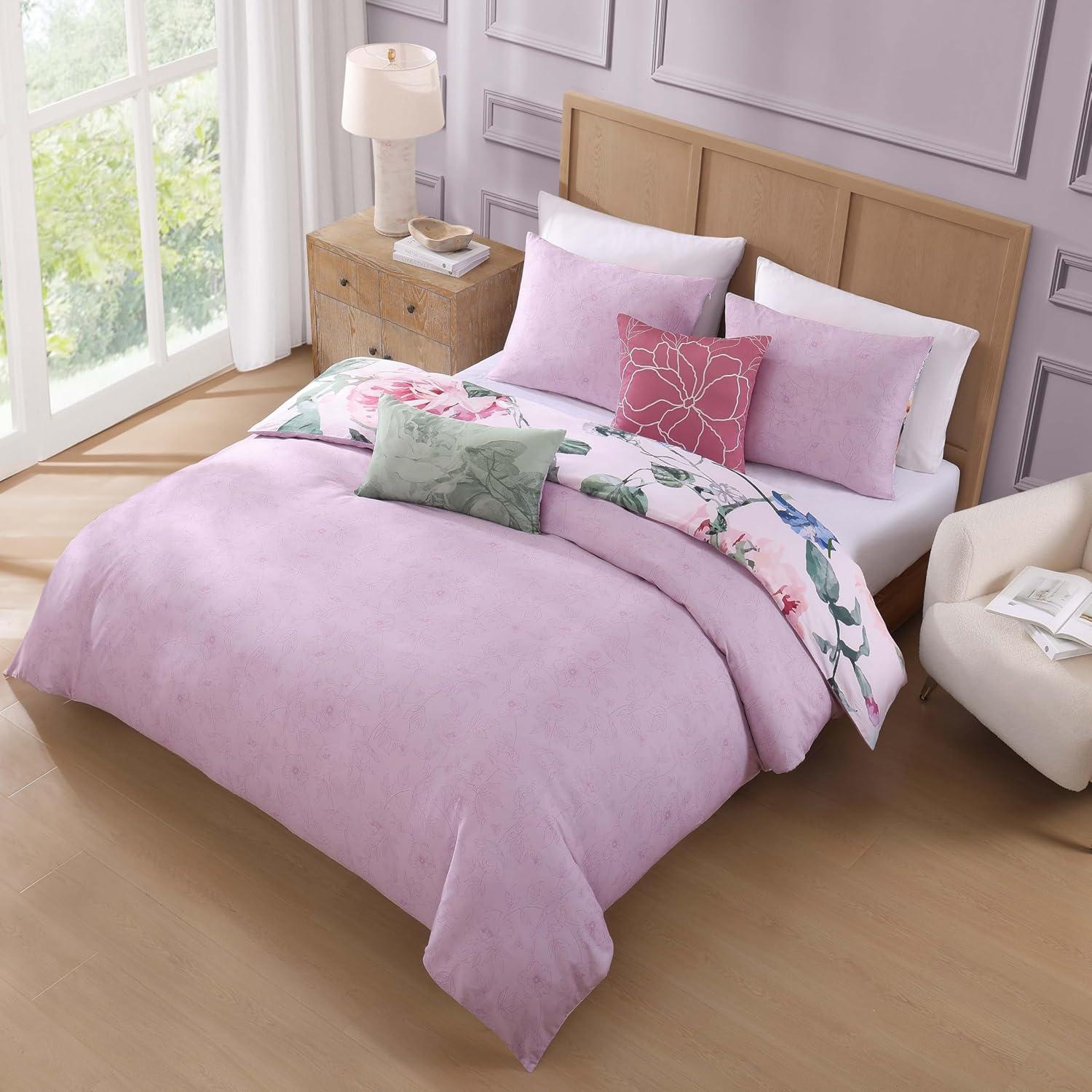 BeBeJan Bebejan Cool Pink Roses 200 Thread Count 100% Cotton Sateen 5-Piece Reversible Comforter Set