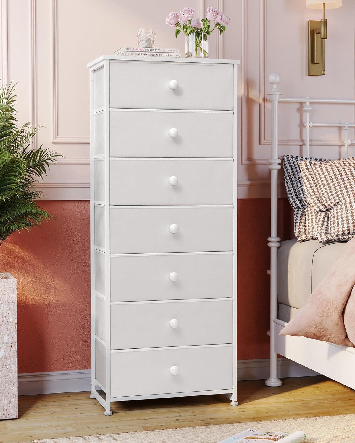 White Vertical 7-Drawer Storage Tower with Light Wood Accents