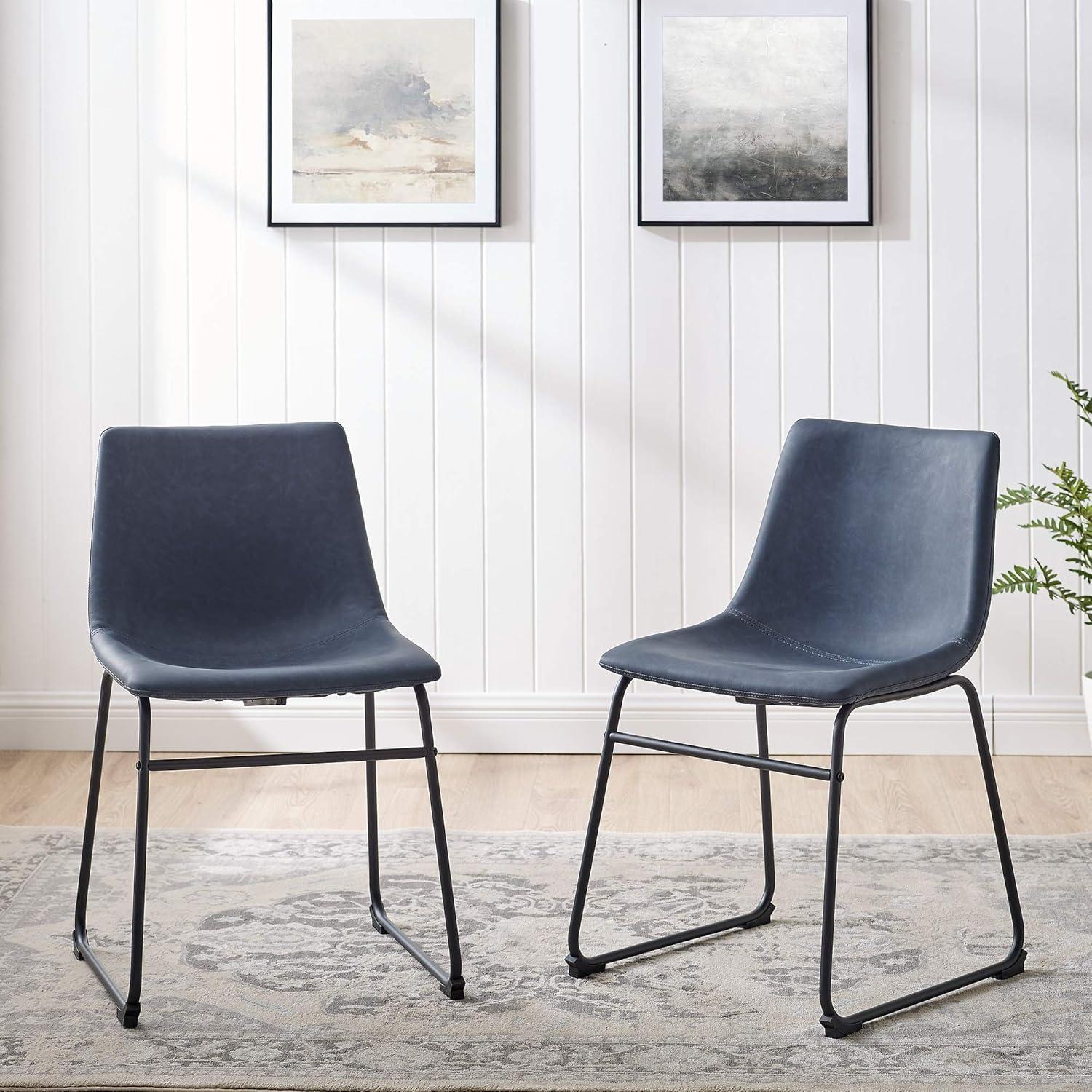 Walker Edison Full Back Faux Leather Dining Chair, Set of 2, Navy Blue