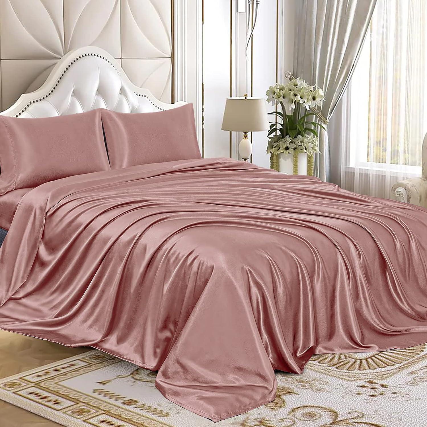 Homiest 4pcs Satin Sheets Set Luxury Silky Satin Bedding Set with Deep Pocket, 1 Fitted Sheet + 1 Flat Sheet + 2 Pillowcases (Queen Size, Blush Pink)