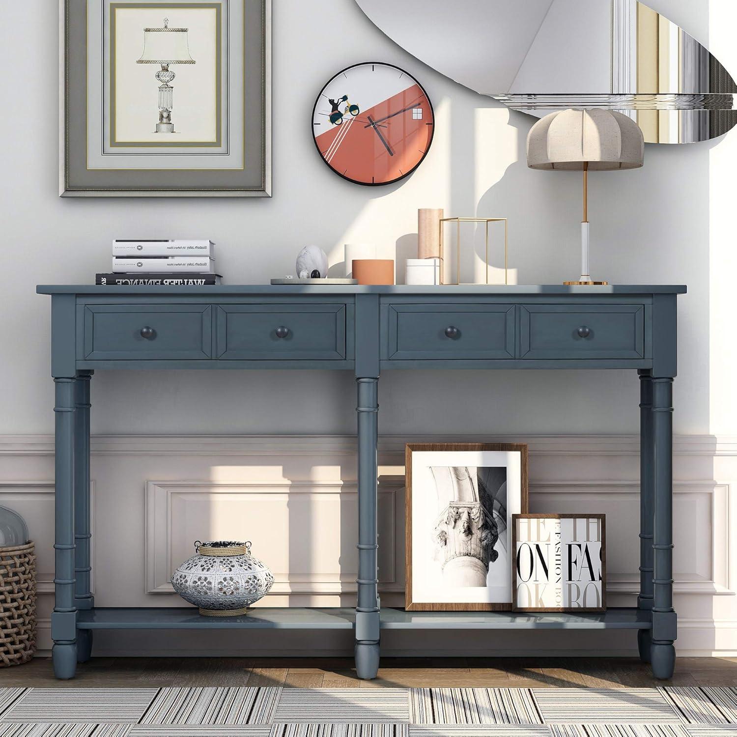 Antique Navy Wood Console Table with Storage Drawers and Shelf