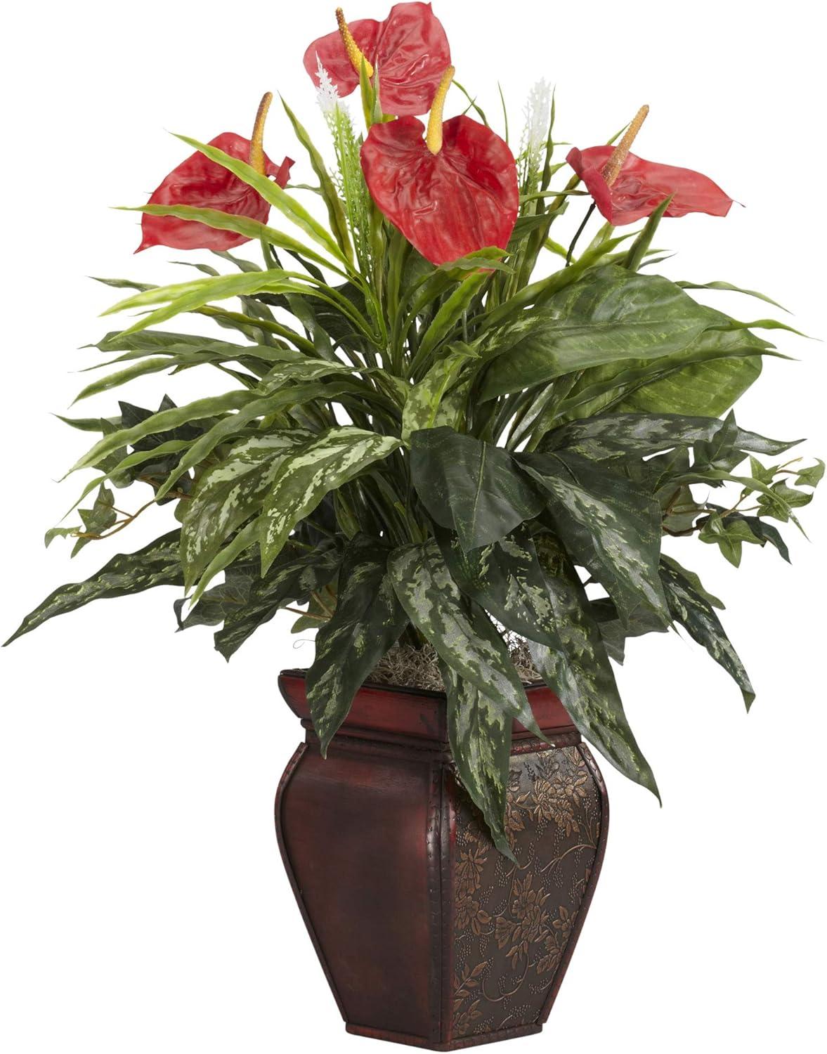 Li shun jin Mixed Greens & Anthurium with Decorative Vase Silk Plant