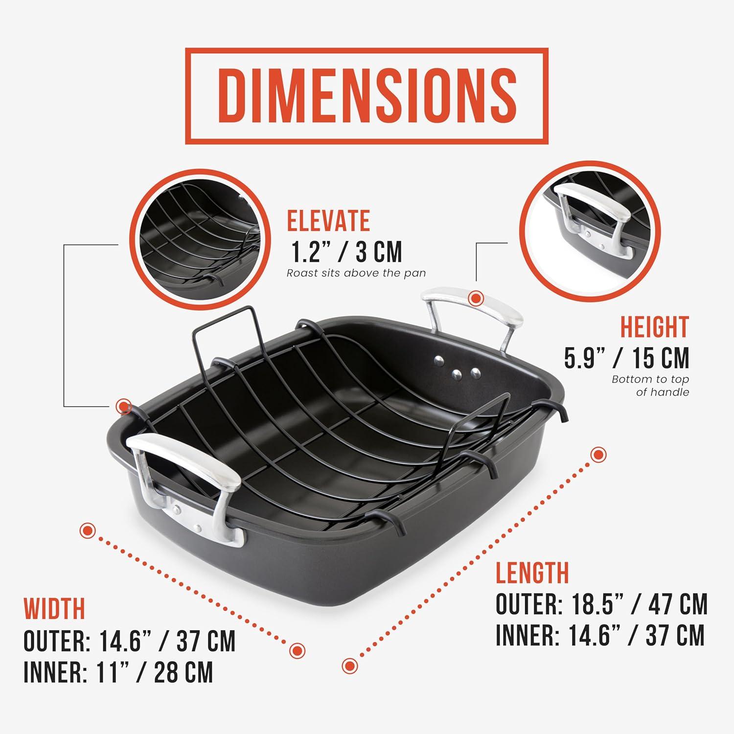 Extra-Large Grey Non-Stick Carbon Steel Roasting Pan with Handles and Rack