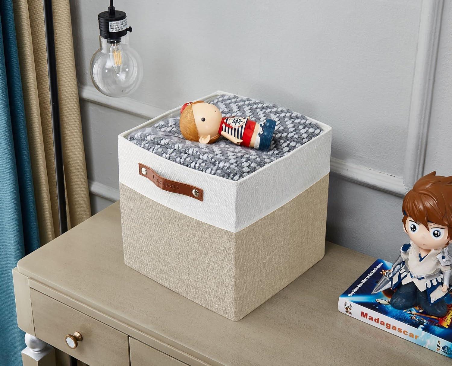 DECOMOMO Fabric Cube Storage Bins - Storage Baskets for Shelves, Cube Storage Organizer for Kallax and Cubbies (Beige & White, 11 inch Cube) - 4 Pack