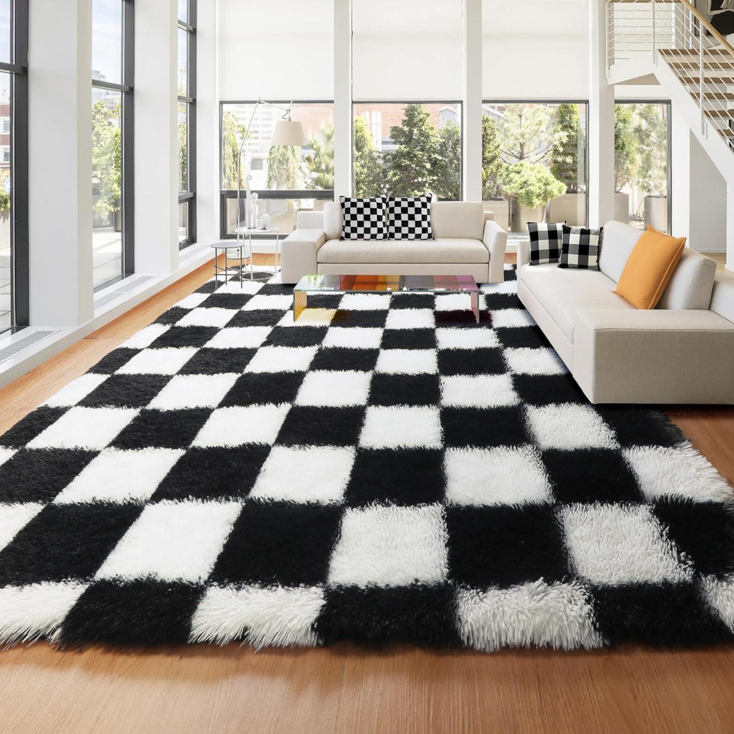 Luxe Weavers Checkered Black and White Geometric 8x10 Area Rug