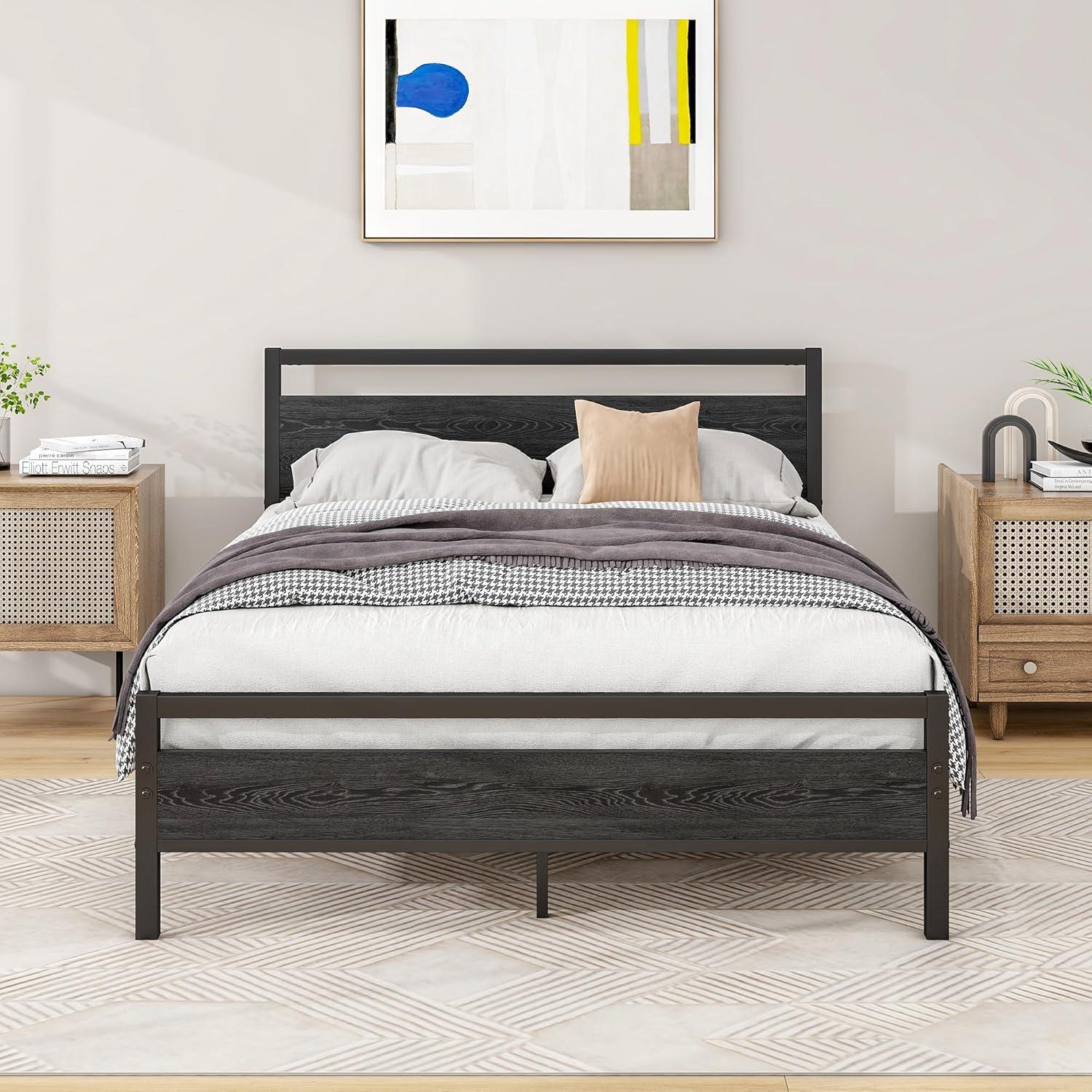 Full Size Black Metal Bed Frame with Wood Headboard