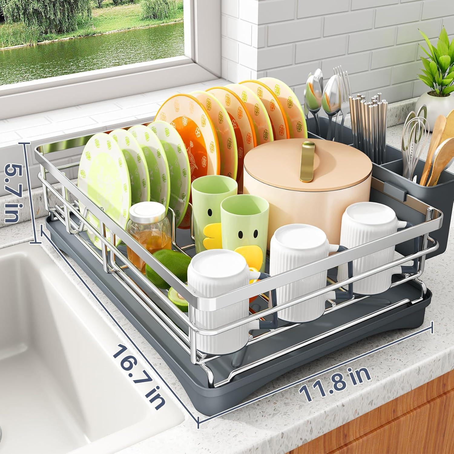 Dish Drying Rack - Stainless Steel Dish Rack for Kitchen Counter, Large-Capacity Dish Drainer with Cutlery Holder, Kitchen Organizer for Dishes, Spoons and Forks, Black