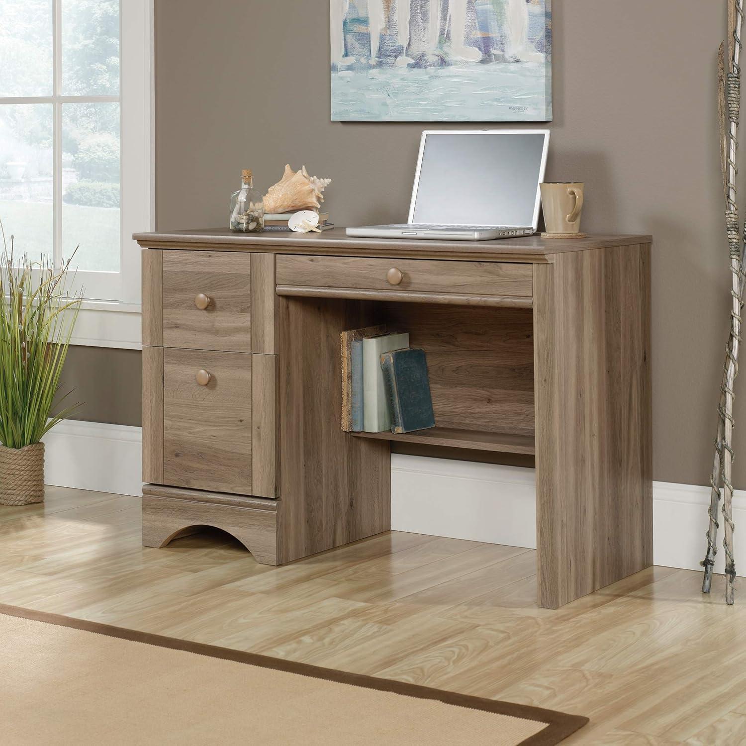 Salt Oak Wood Computer Desk with Drawers and Keyboard Tray