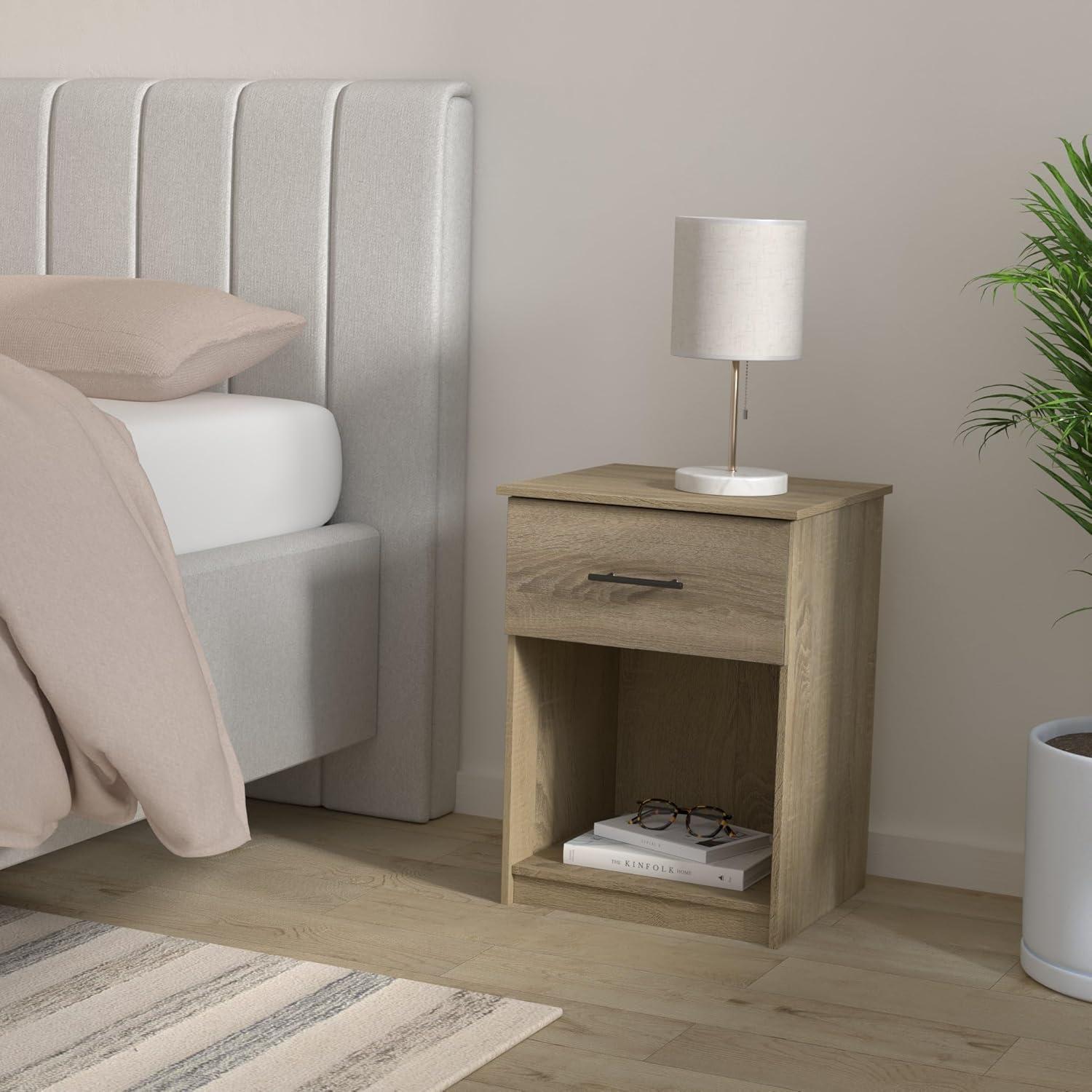 Furinno 2PCS Mid-Century Nightstand Multipurpose End Table Accent Side Table W/Drawer & Open Storage Cube for Bedroom,Living Room,French Oak Grey